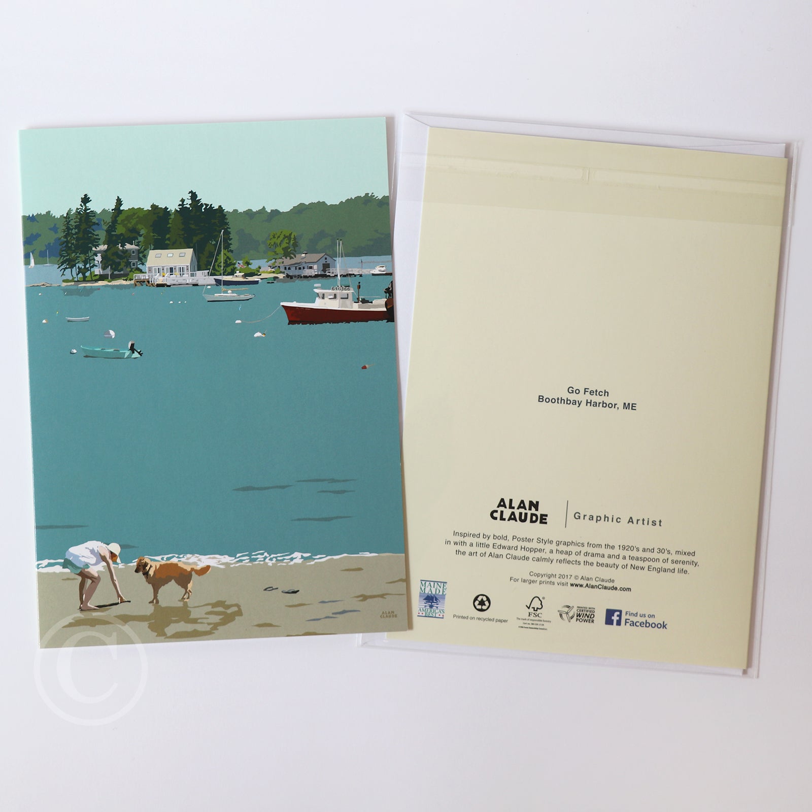 Golden Retriever At The Beach "Go Fetch"  Notecard 5" x 7"  - Maine