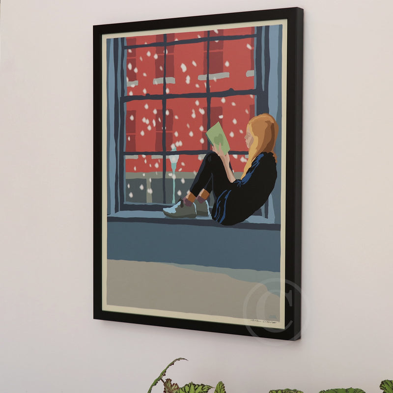 Good Book on a Snow Day Art Print 18" x 24" Framed Wall Poster By Alan Claude - Maine