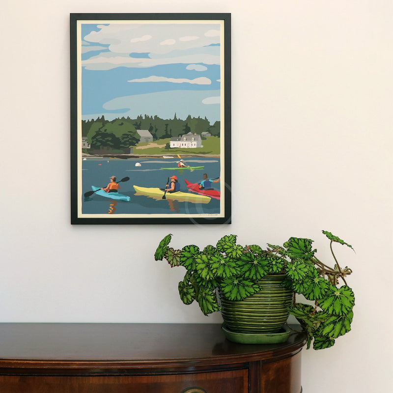 Kayaking in Port Clyde Art Print 18" x 24" Framed Wall Poster By Alan Claude - Maine