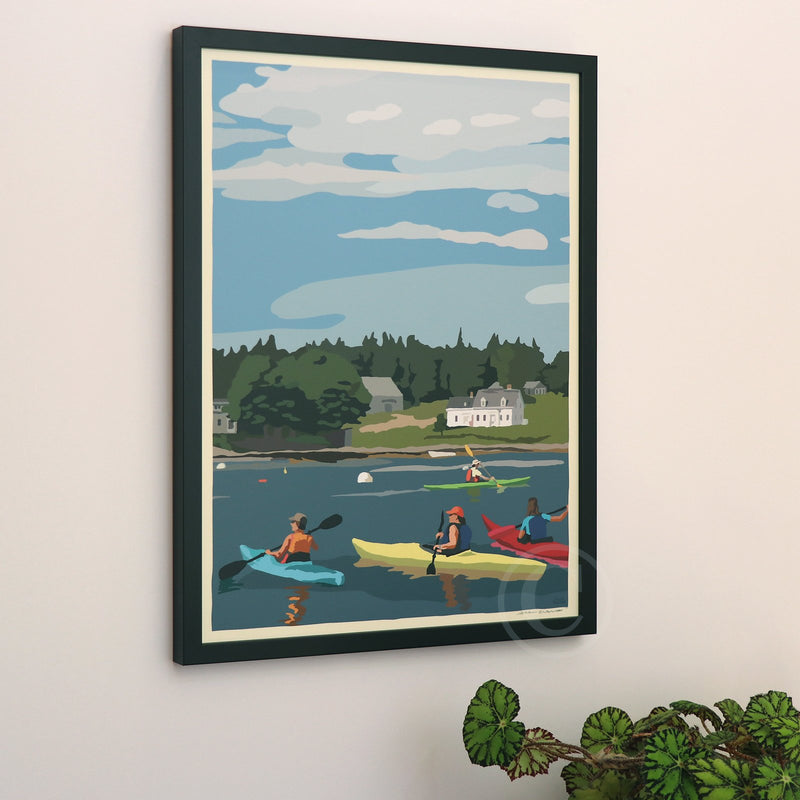 Kayaking in Port Clyde Art Print 18" x 24" Framed Wall Poster By Alan Claude - Maine