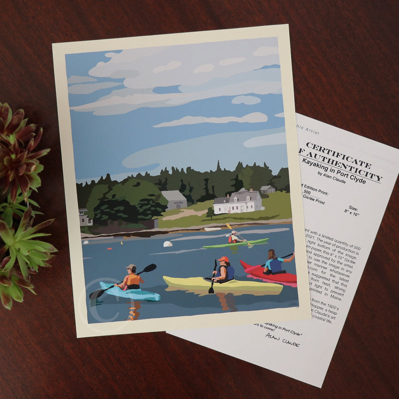 Kayaking in Port Clyde Art Print 8" x 10" Wall Poster By Alan Claude - Maine