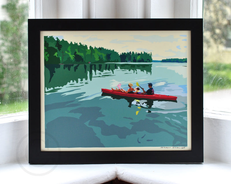Kayaking on a Lake Art Print 8" x 10" Framed Wall Poster - Maine
