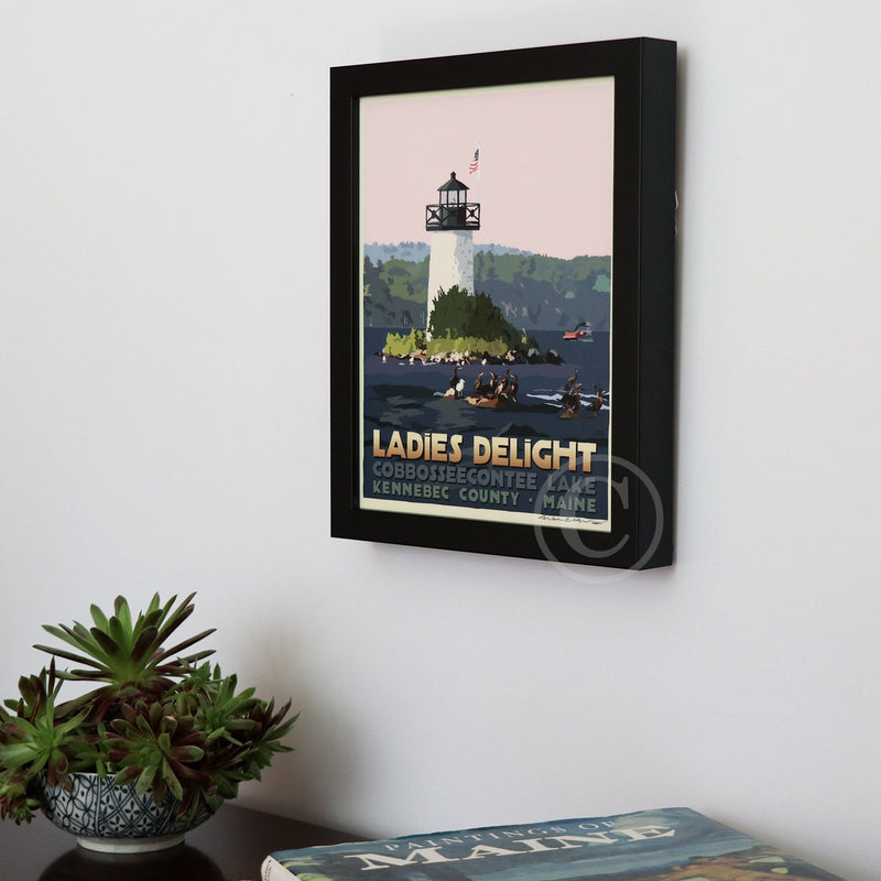 Sunset at Ladies Delight Lighthouse Art Print 8" x 10" Framed Travel Poster By Alan Claude - Maine