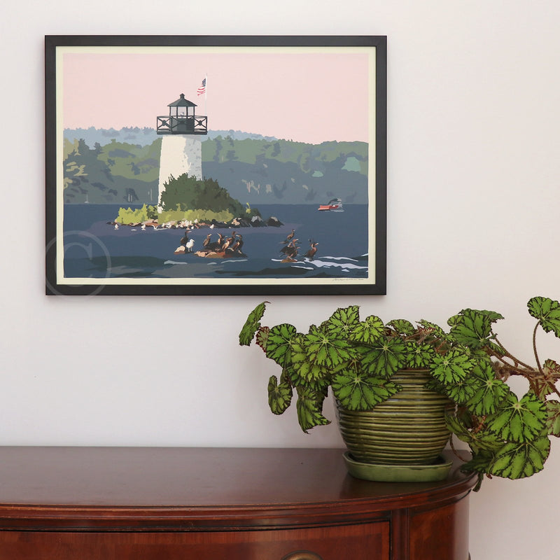 Sunset at Ladies Delight Lighthouse Art Print 18" x 24" Horizontal Framed Wall Poster By Alan Claude - Maine