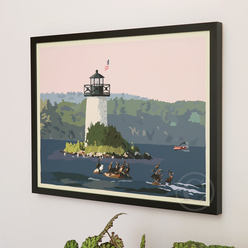 Sunset at Ladies Delight Lighthouse Art Print 18" x 24" Horizontal Framed Wall Poster By Alan Claude - Maine
