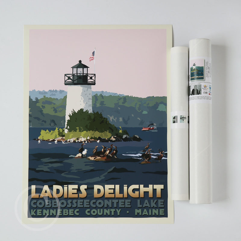 Sunset at Ladies Delight Lighthouse Art Print 18" x 24" Travel Poster By Alan Claude - Maine