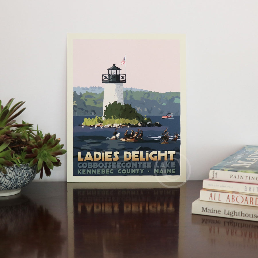 Sunset at Ladies Delight Lighthouse Art Print 8" x 10” Travel Poster By Alan Claude - Maine