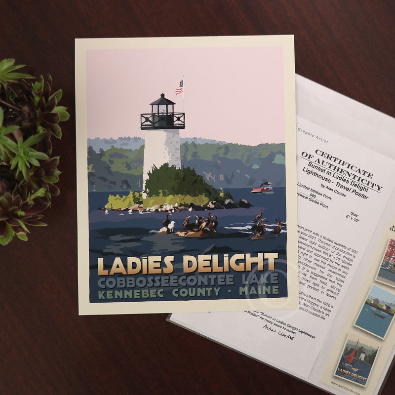 Sunset at Ladies Delight Lighthouse Art Print 8" x 10” Travel Poster By Alan Claude - Maine