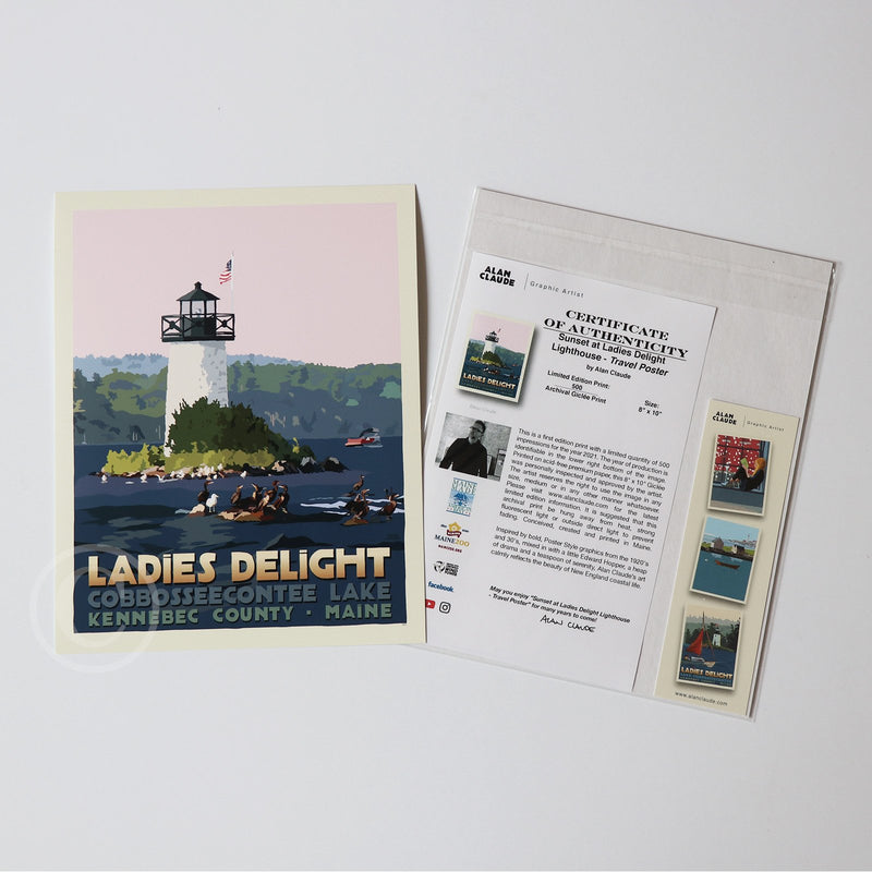 Sunset at Ladies Delight Lighthouse Art Print 8" x 10” Travel Poster By Alan Claude - Maine