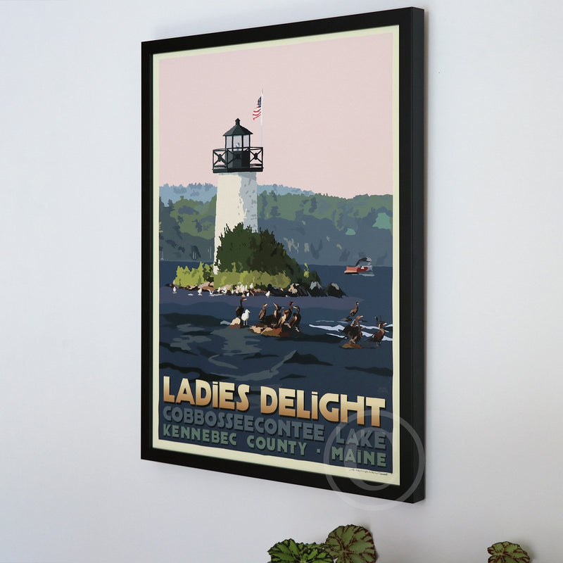 Sunset at Ladies Delight Lighthouse Framed Art Print 18" x 24” Travel Poster By Alan Claude - Maine