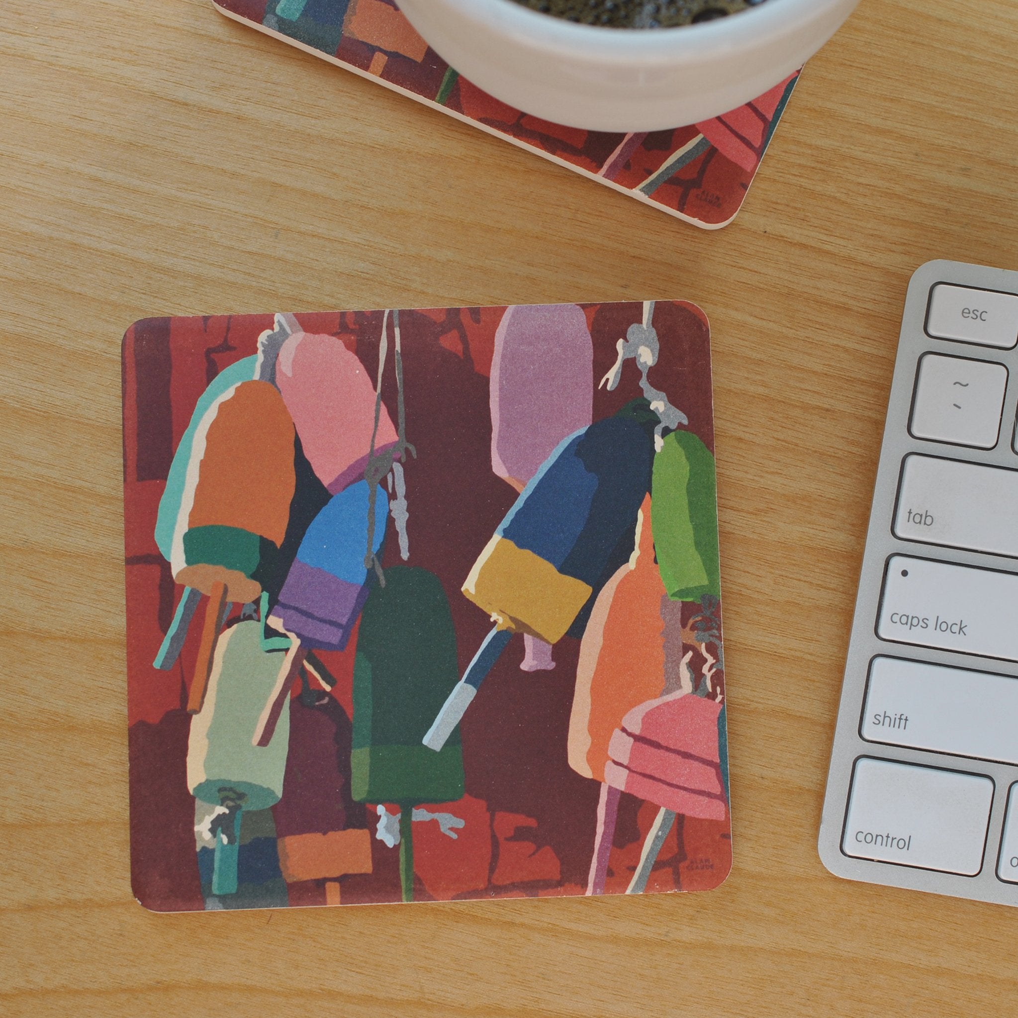 OUIT OF STOCK.  Lobster Buoys Art Drink Coaster - Maine