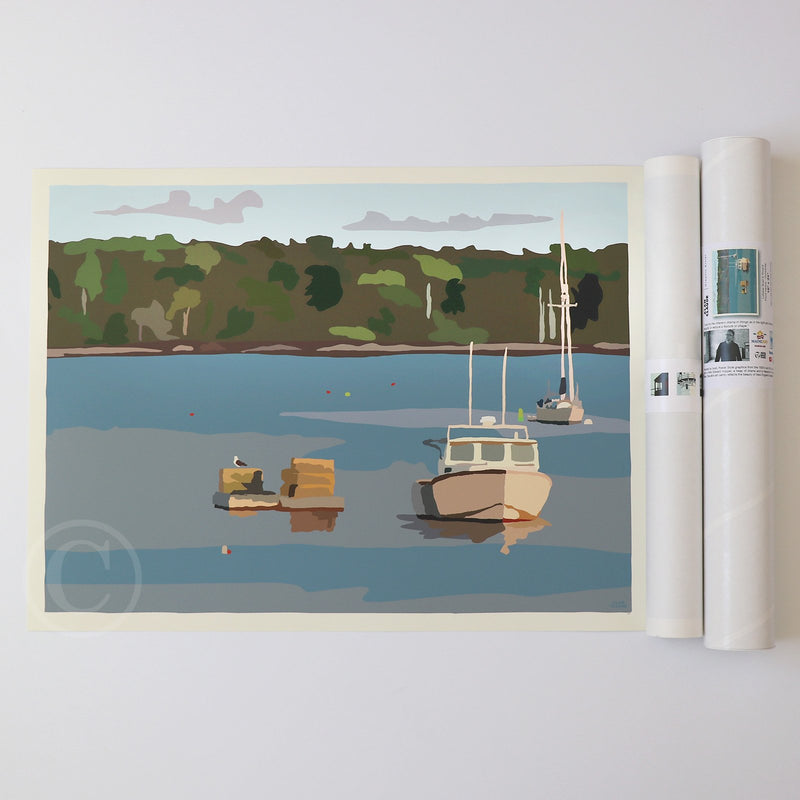 Lobster Boat in Round Pond Harbor Art Print 18" x 24" Horizontal Wall Poster By Alan Claude - Maine