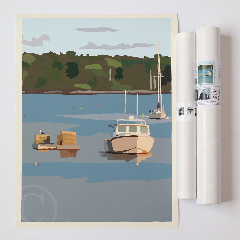 Lobster Boat in Round Pond Harbor Art Print 18" x 24" Vertical Wall Poster By Alan Claude - Maine