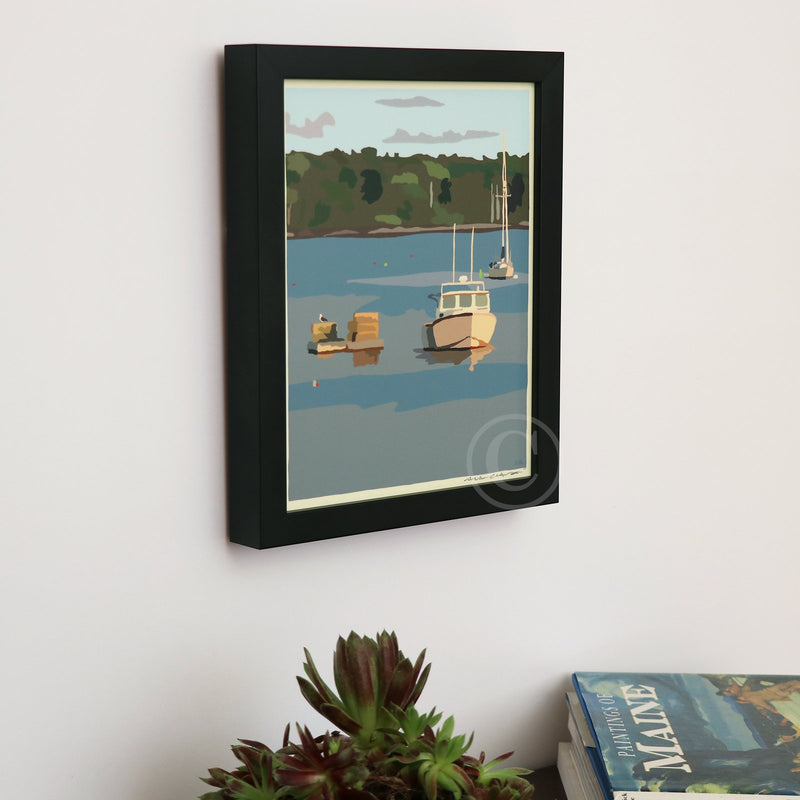 Lobster Boat in Round Pond Harbor Art Print Harbor 8" x 10" Vertical Framed Wall Poster By Alan Claude - Maine
