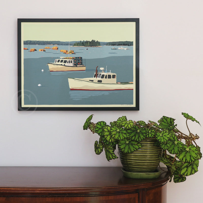 Lobster Boats in Friendship Art Print 18" x 24" Framed Wall Poster By Alan Claude - Maine