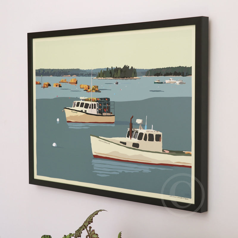Lobster Boats in Friendship Art Print 18" x 24" Framed Wall Poster By Alan Claude - Maine