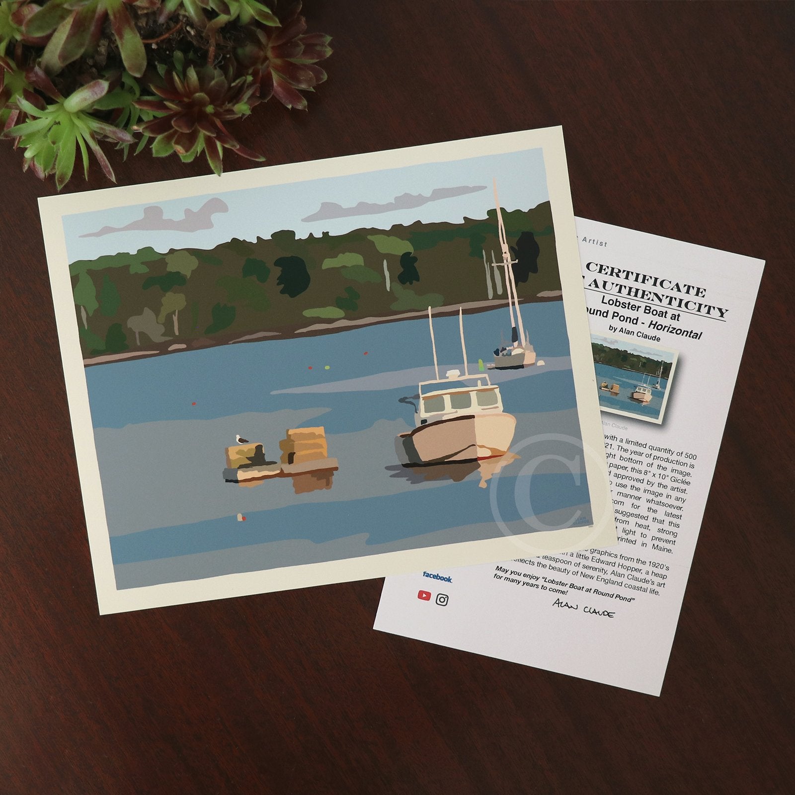 Lobster Boat in Round Pond Harbor Art Print 8" x 10” Horizontal Wall Poster By Alan Claude - Maine