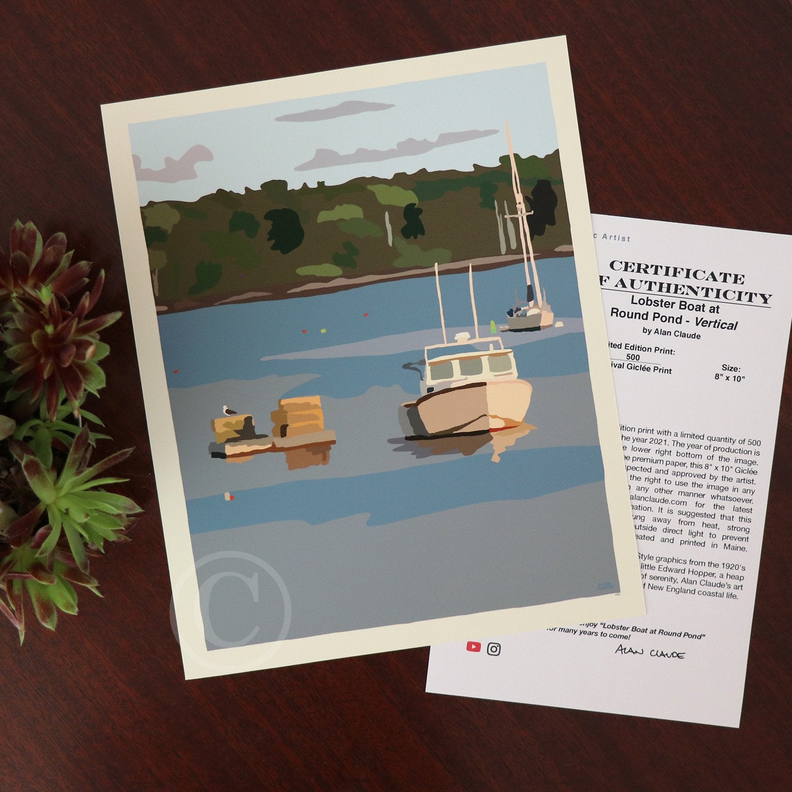 Lobster Boat in Round Pond Harbor Art Print 8" x 10” Vertical Wall Poster By Alan Claude - Maine