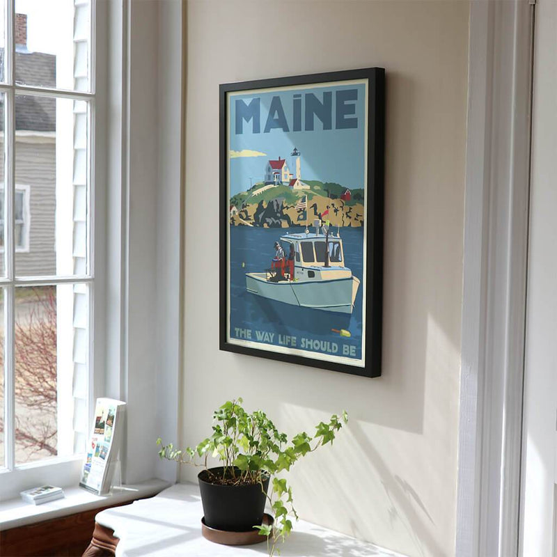 Lobstering at the Nubble MAINE Art Print 18" x 24" Framed Travel Poster - Maine