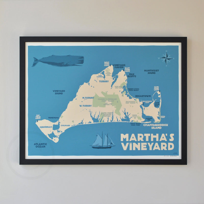 Martha's Vineyard Map Art Print 18" x 24" Framed Travel Poster - Massachusetts