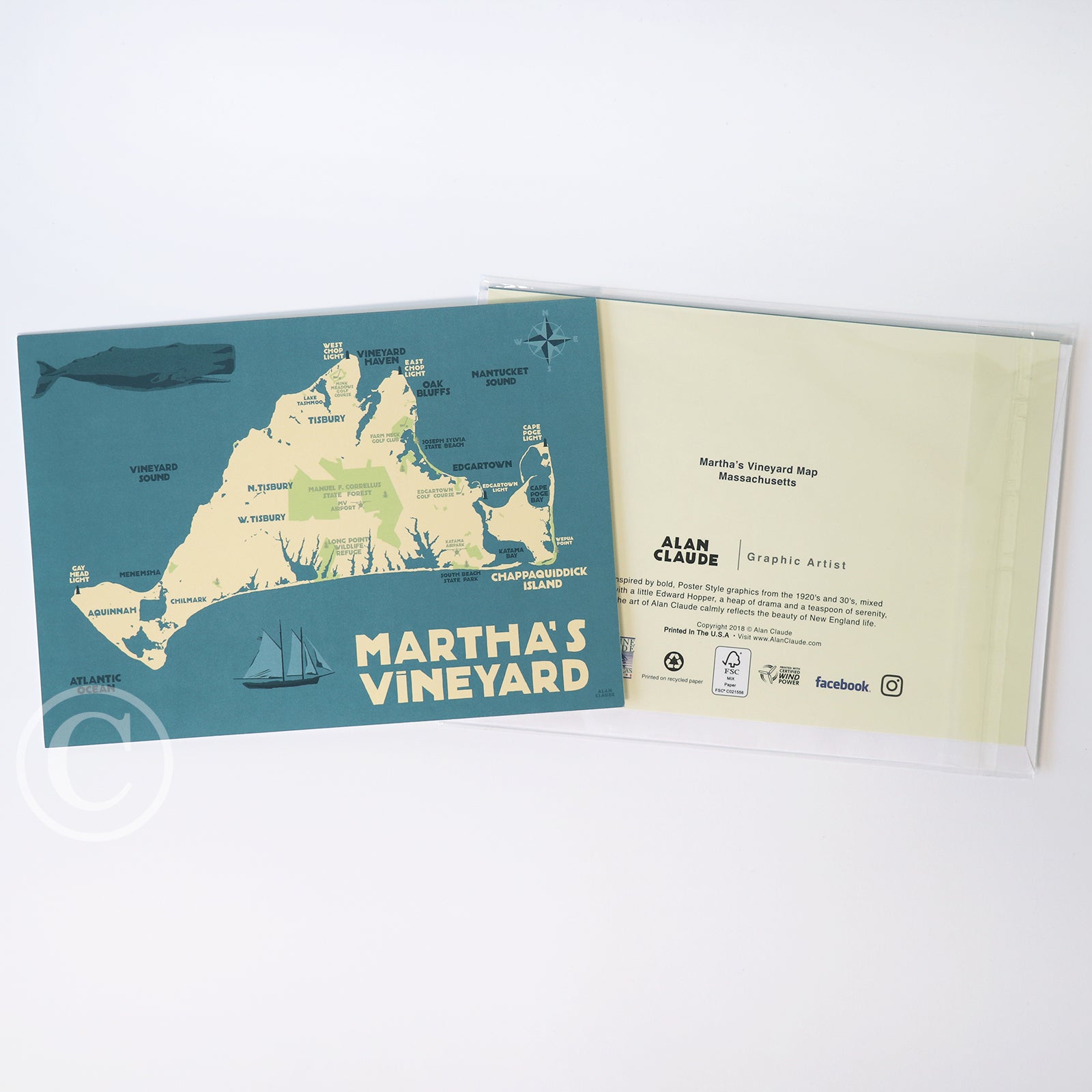 Martha's Vineyard Map, Massachusetts Map Notecard 5" x 7"  - Massachusetts