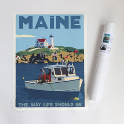 Lobstering at the Nubble MAINE Art Print 18" x 24" Wall Poster - Maine