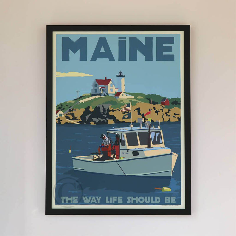 Lobstering at the Nubble MAINE Art Print 18" x 24" Framed Travel Poster - Maine