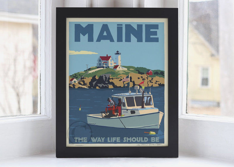 Fishing at the Nubble MAINE Art Print Framed 8" x 10" Wall Poster - Maine