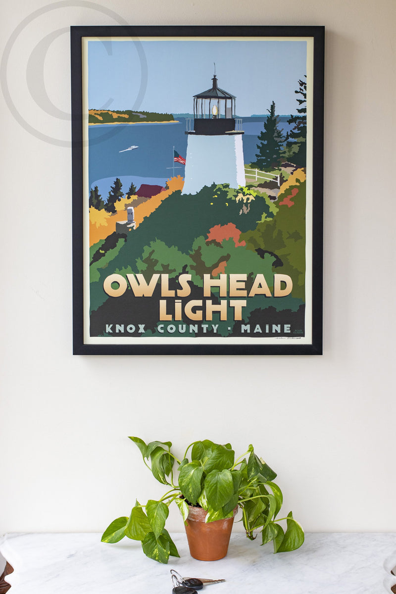 Above Owls Head Light Art Print 18" x 24" Framed Travel Poster - Maine by Alan Claude