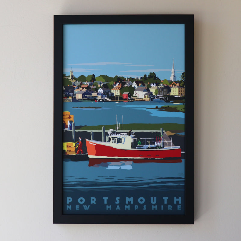 Portsmouth Lobster Boat Art Print 11" x 17" Framed Travel Poster - New Hampshire