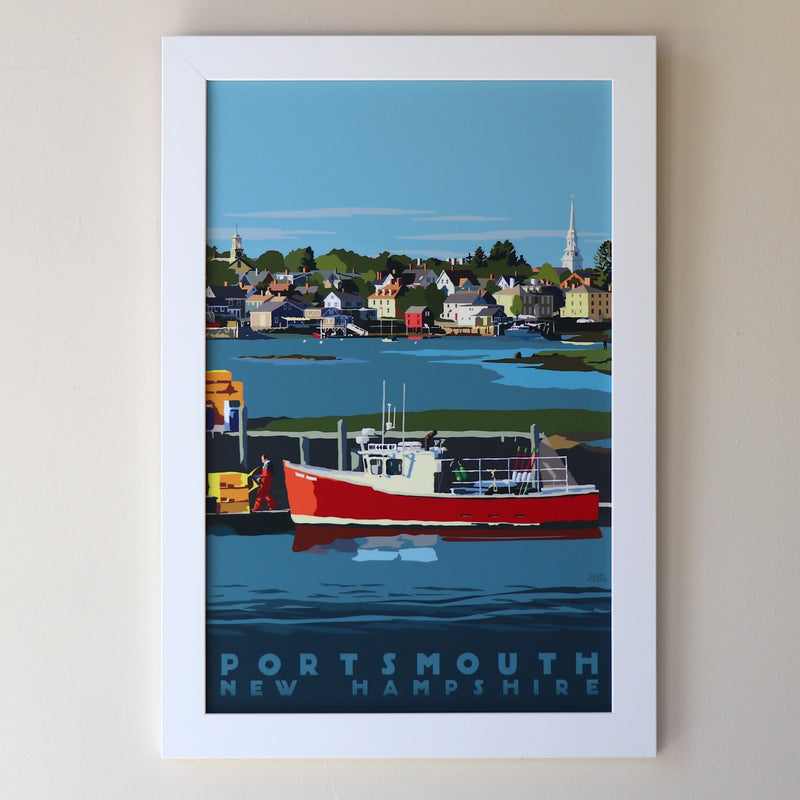 Portsmouth Lobster Boat Art Print 11" x 17" Framed Travel Poster - New Hampshire