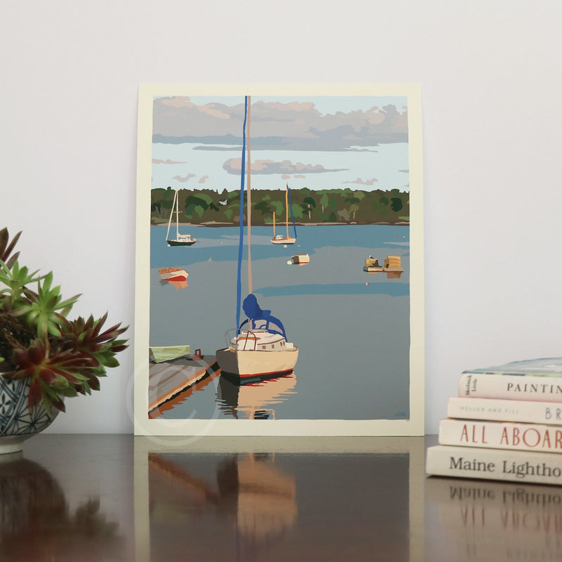 Sailboats in Round Pond Harbor Art Print 8" x 10” Wall Poster By Alan Claude - Maine