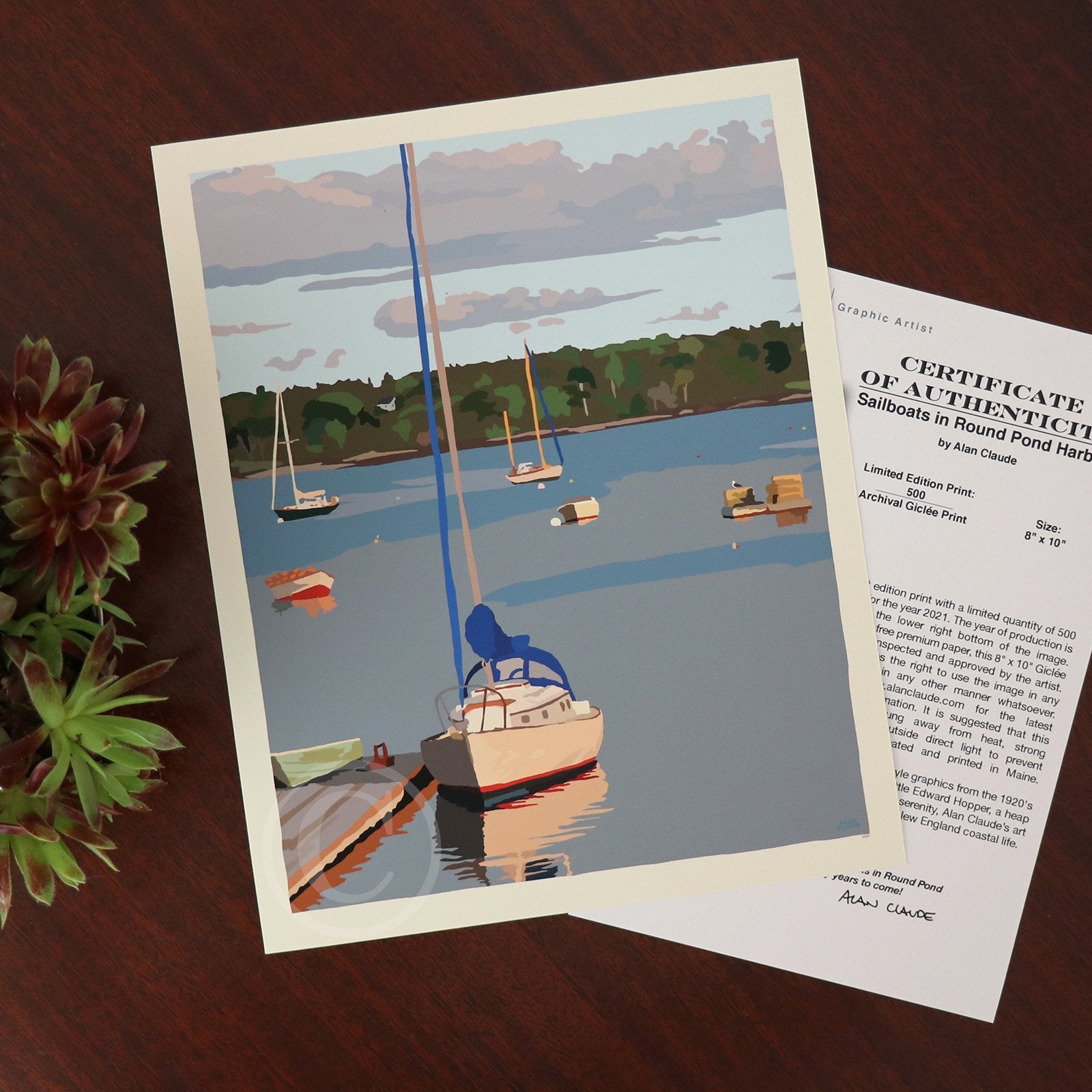 Sailboats in Round Pond Harbor Art Print 8" x 10” Wall Poster By Alan Claude - Maine