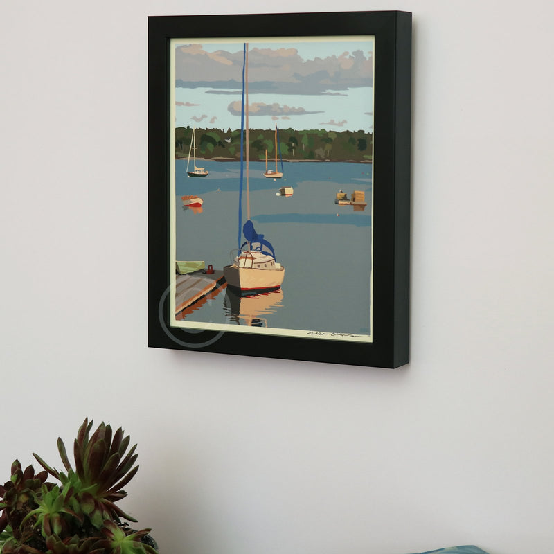 Sailboats in Round Pond Harbor Art Print 8" x 10" Framed Wall Poster By Alan Claude - Maine