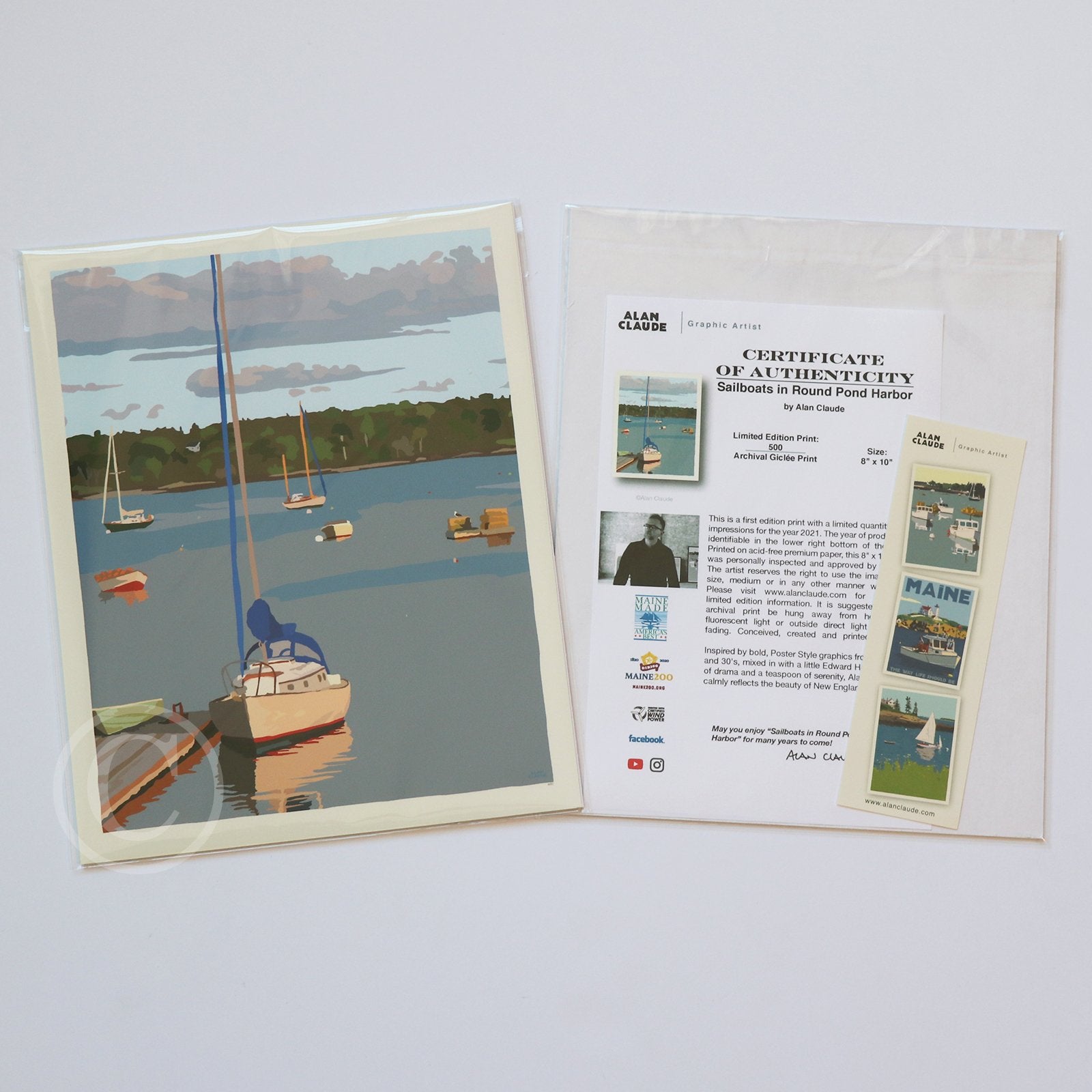 Sailboats in Round Pond Harbor Art Print 8" x 10” Wall Poster By Alan Claude - Maine