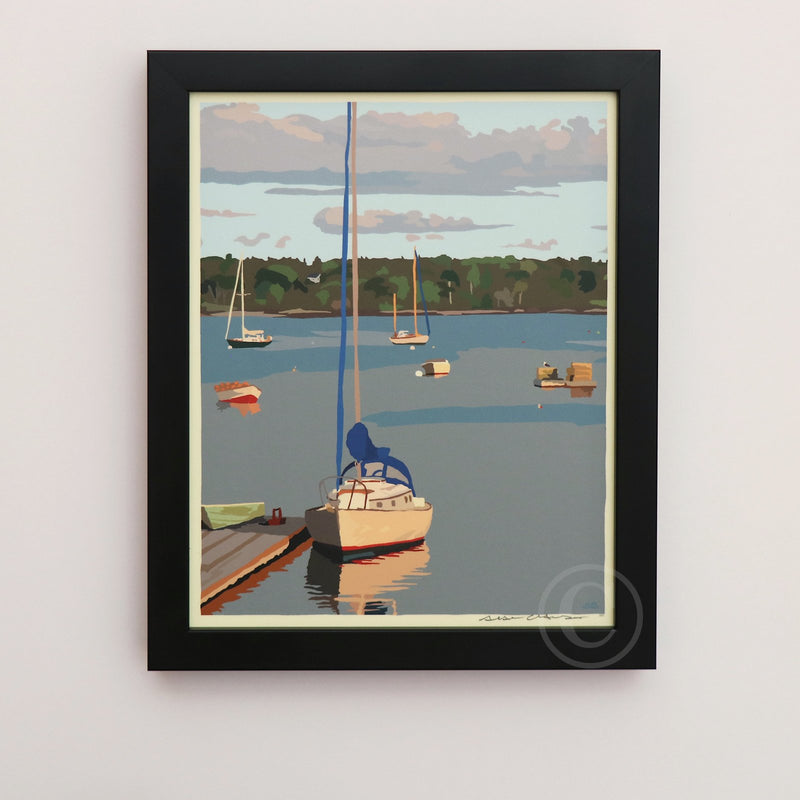 Sailboats in Round Pond Harbor Art Print 8" x 10" Framed Wall Poster By Alan Claude - Maine