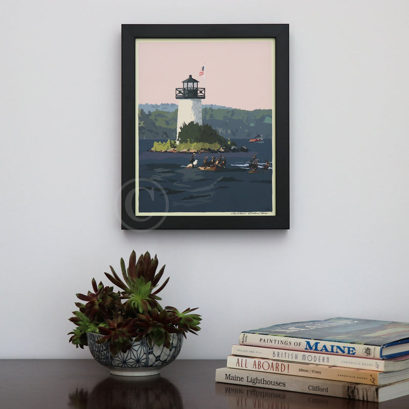 Sunset at Ladies Delight Lighthouse Art Print 8" x 10" Framed Vertical Wall Poster By Alan Claude - Maine