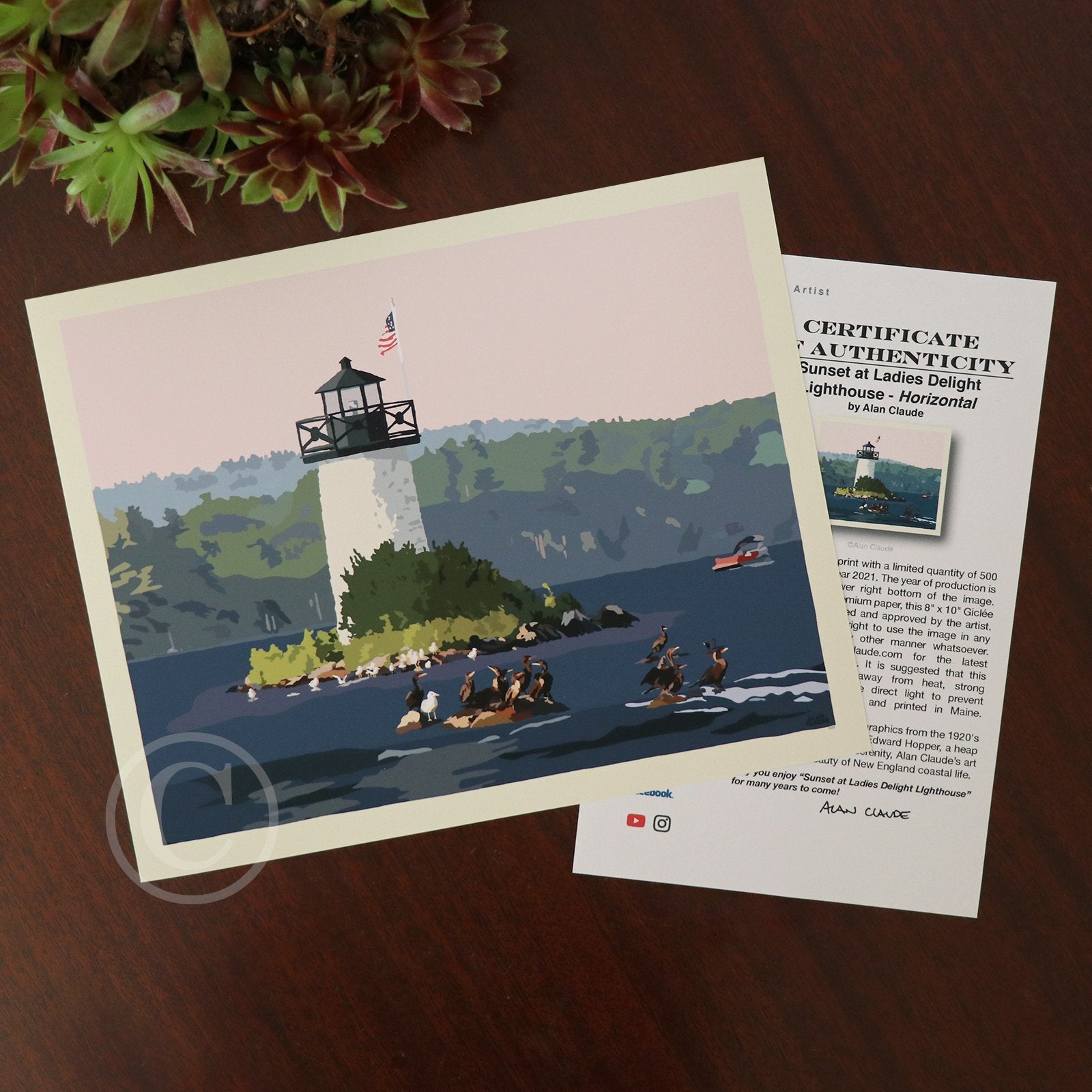 Sunset at Ladies Delight Lighthouse Art Print 8" x 10” Horizontal Wall Poster By Alan Claude - Maine