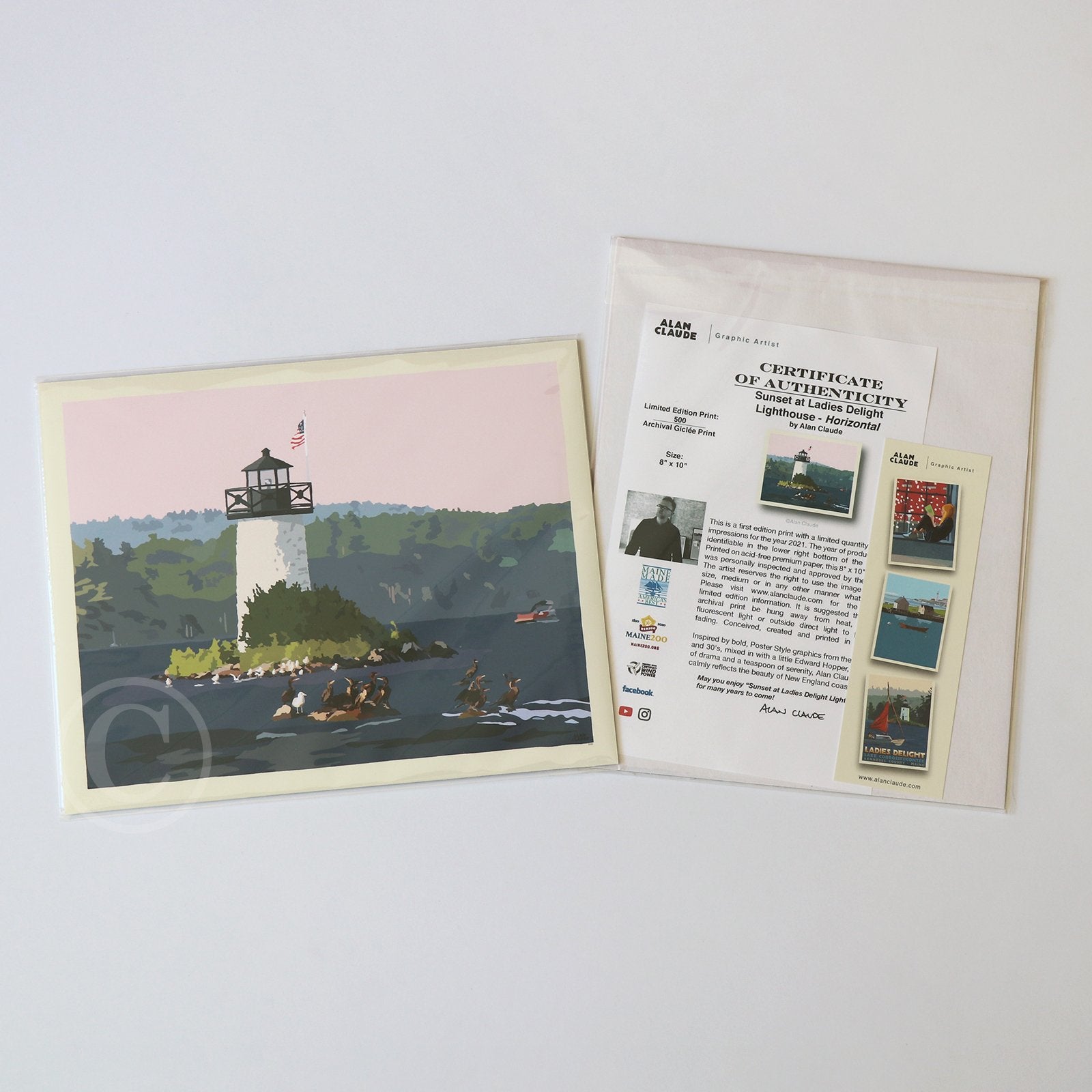 Sunset at Ladies Delight Lighthouse Art Print 8" x 10” Horizontal Wall Poster By Alan Claude - Maine