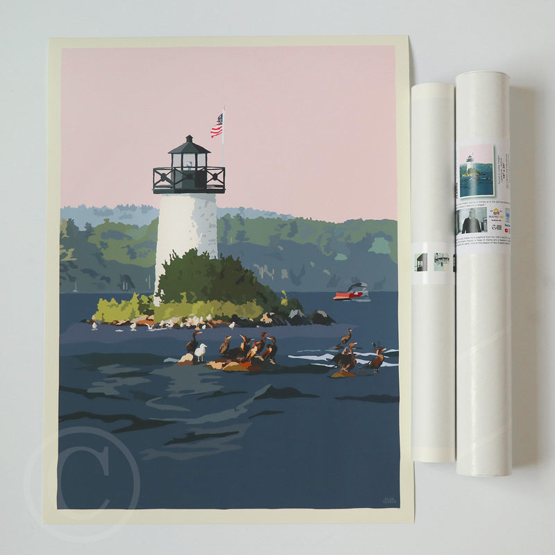 Sunset at Ladies Delight Lighthouse Art Print 18" x 24" Vertical Wall Poster By Alan Claude - Maine