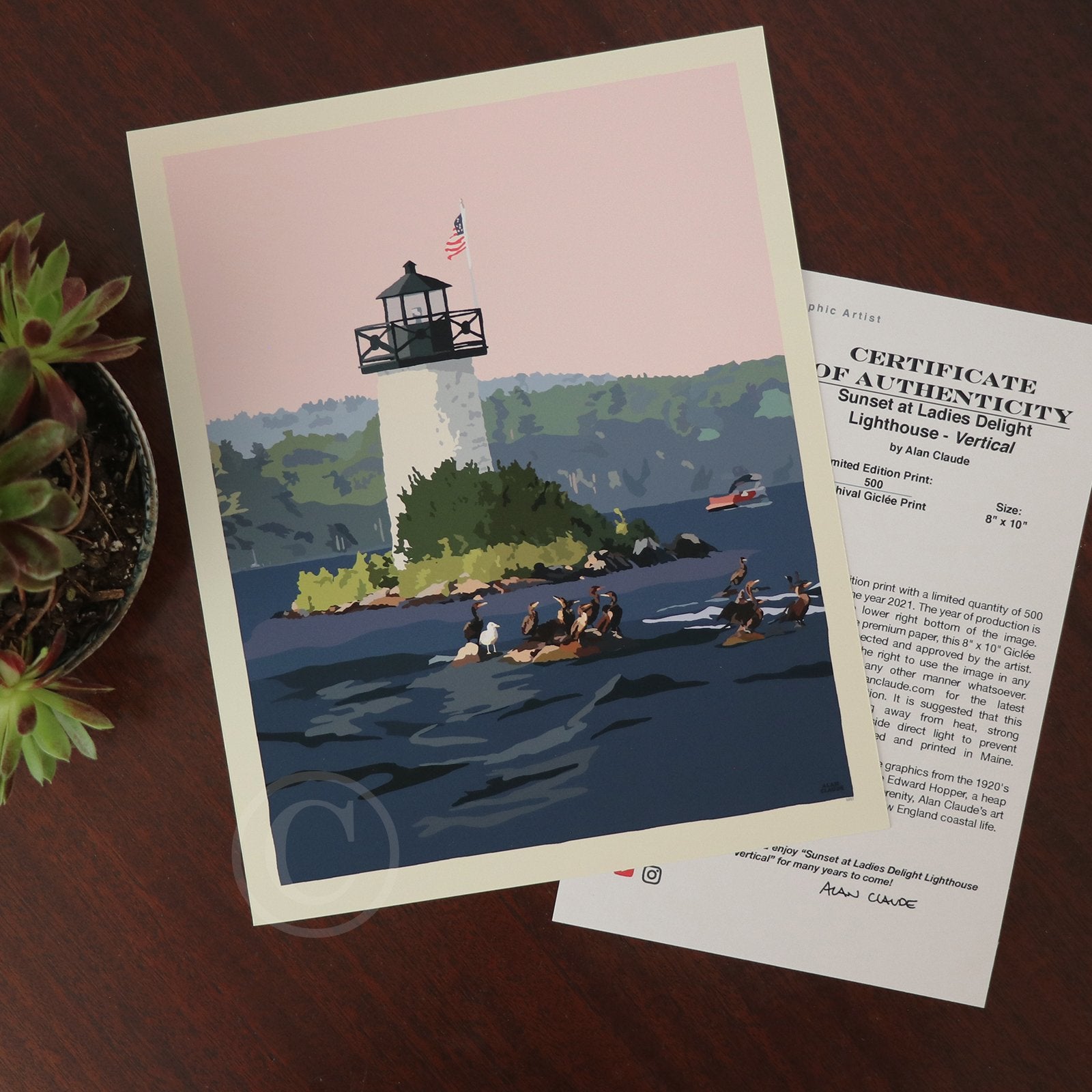 Sunset at Ladies Delight Lighthouse Art Print 8" x 10” Vertical Wall Poster By Alan Claude - Maine