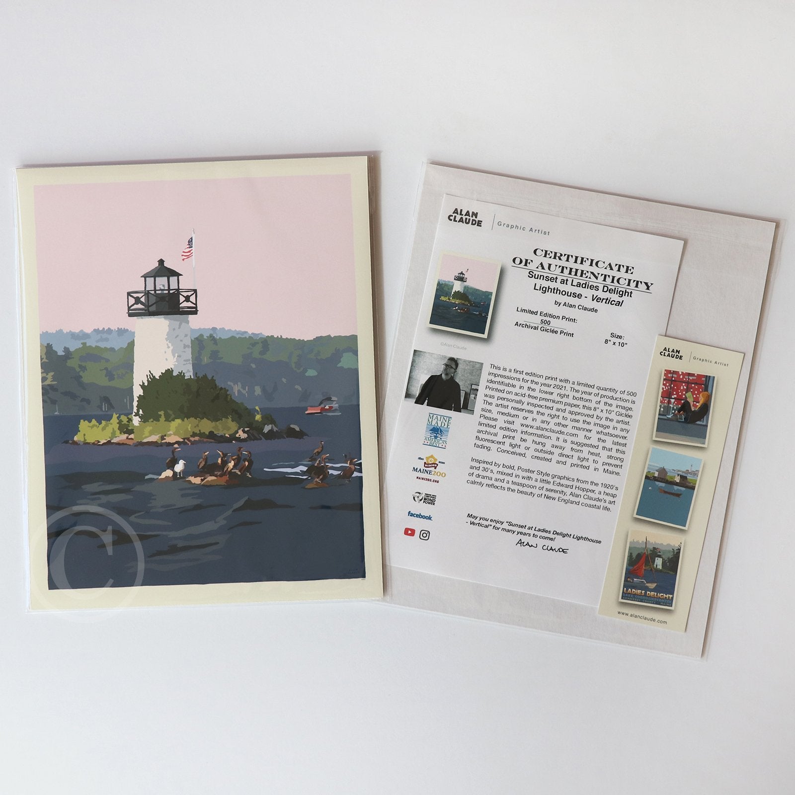 Sunset at Ladies Delight Lighthouse Art Print 8" x 10” Vertical Wall Poster By Alan Claude - Maine