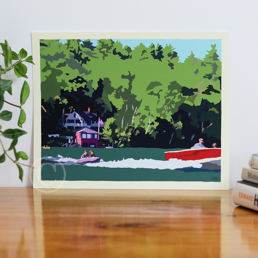 Tubing on a Lake Art Print 8" x 10” Horizontal Wall Poster By Alan Claude - Maine