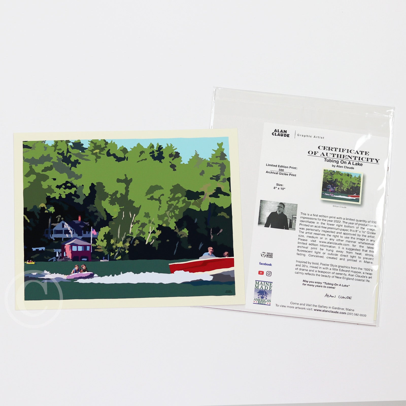 Tubing on a Lake Art Print 8" x 10” Horizontal Wall Poster By Alan Claude - Maine