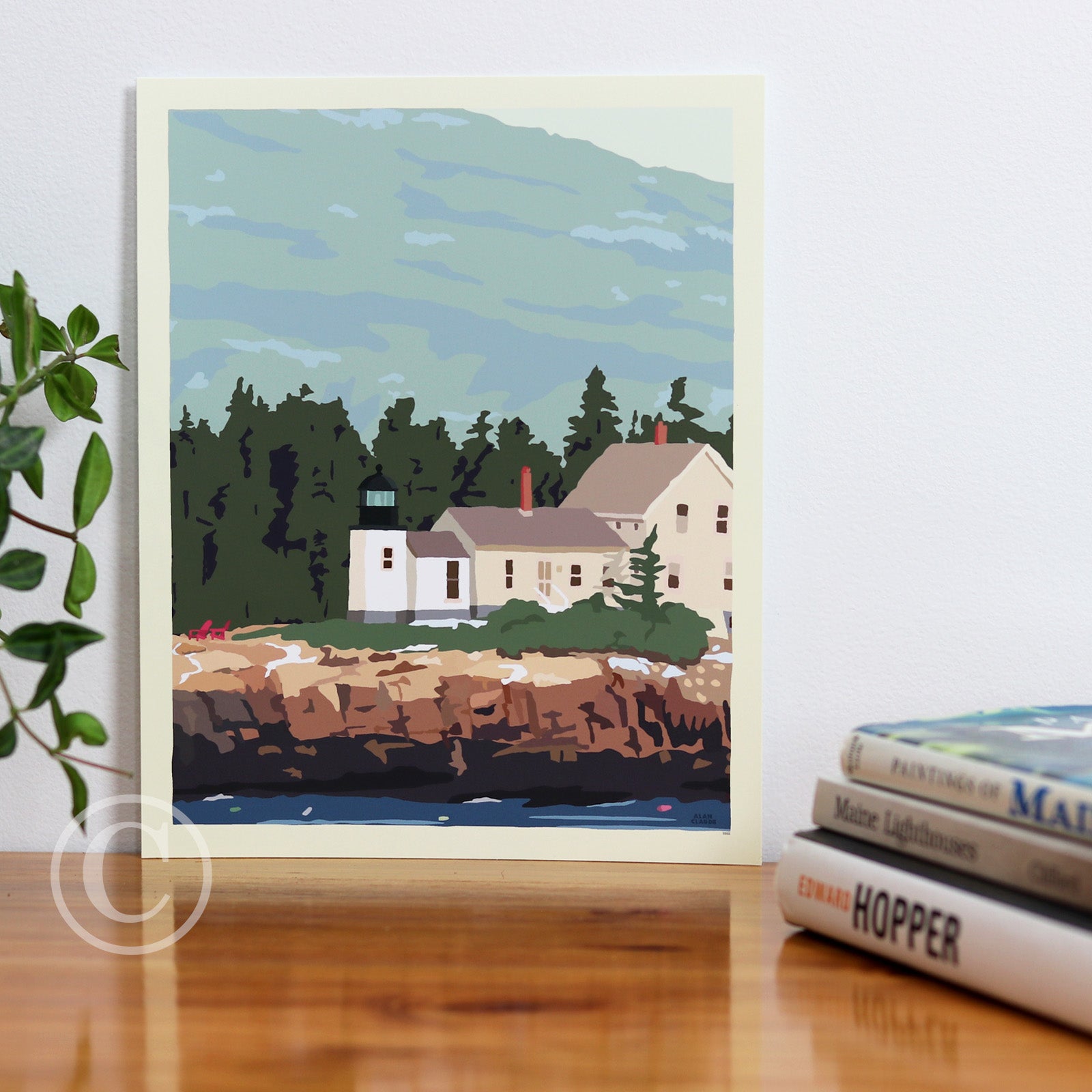 Winter Harbor Light Art Print 8" x 10" Travel Poster - Maine