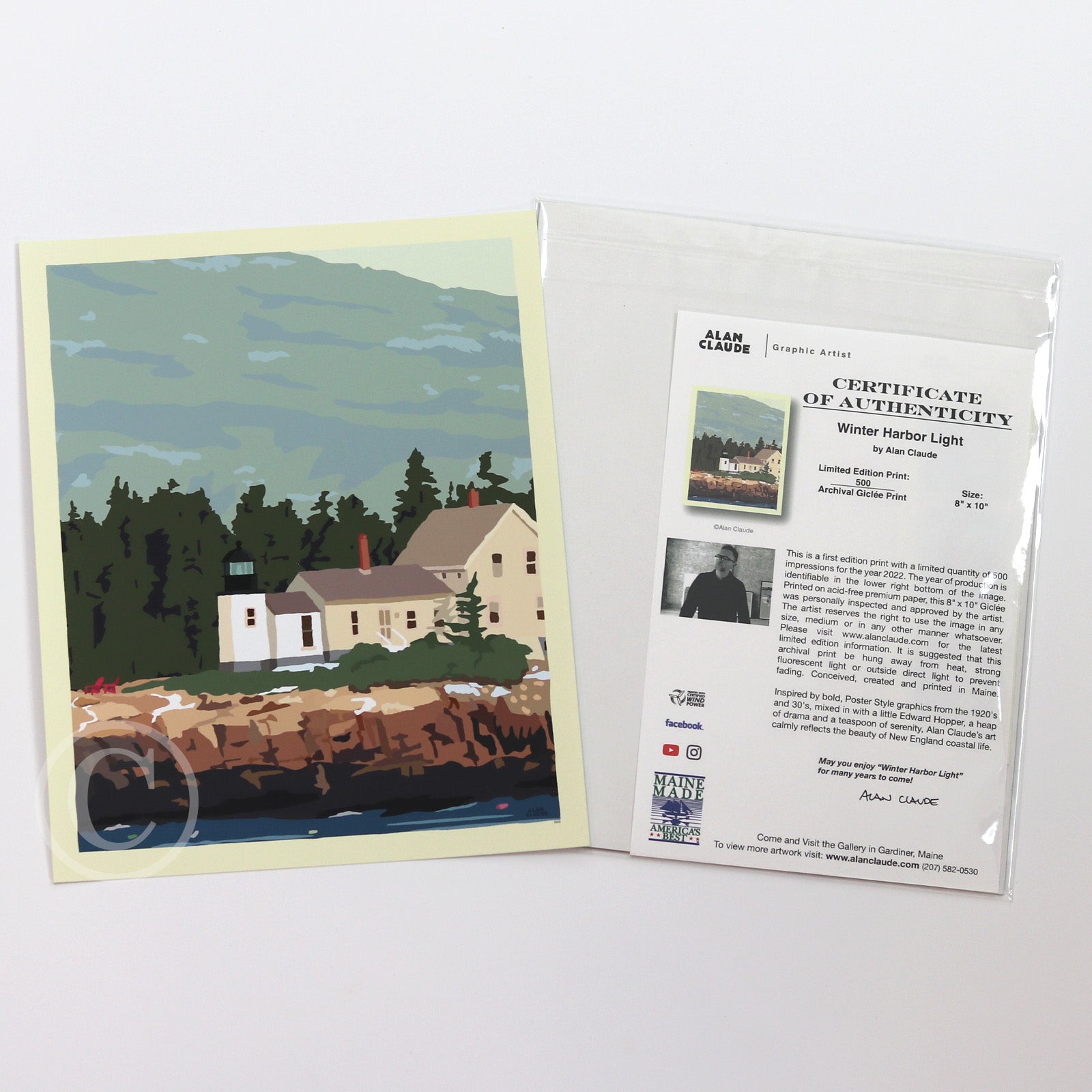 Winter Harbor Light Art Print 8" x 10" Travel Poster - Maine