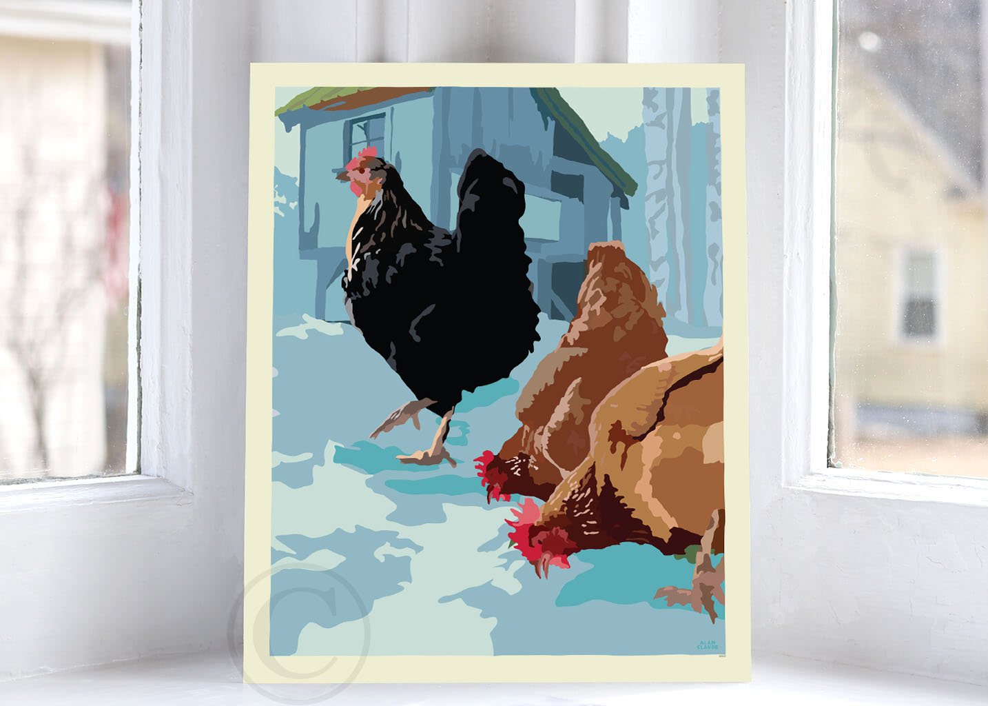 Winter Chickens Art Print 8" x 10" Wall Poster By Alan Claude