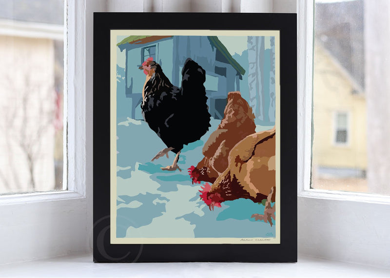 Winter Chickens Art Print 8" x 10" Framed Wall Poster By Alan Claude